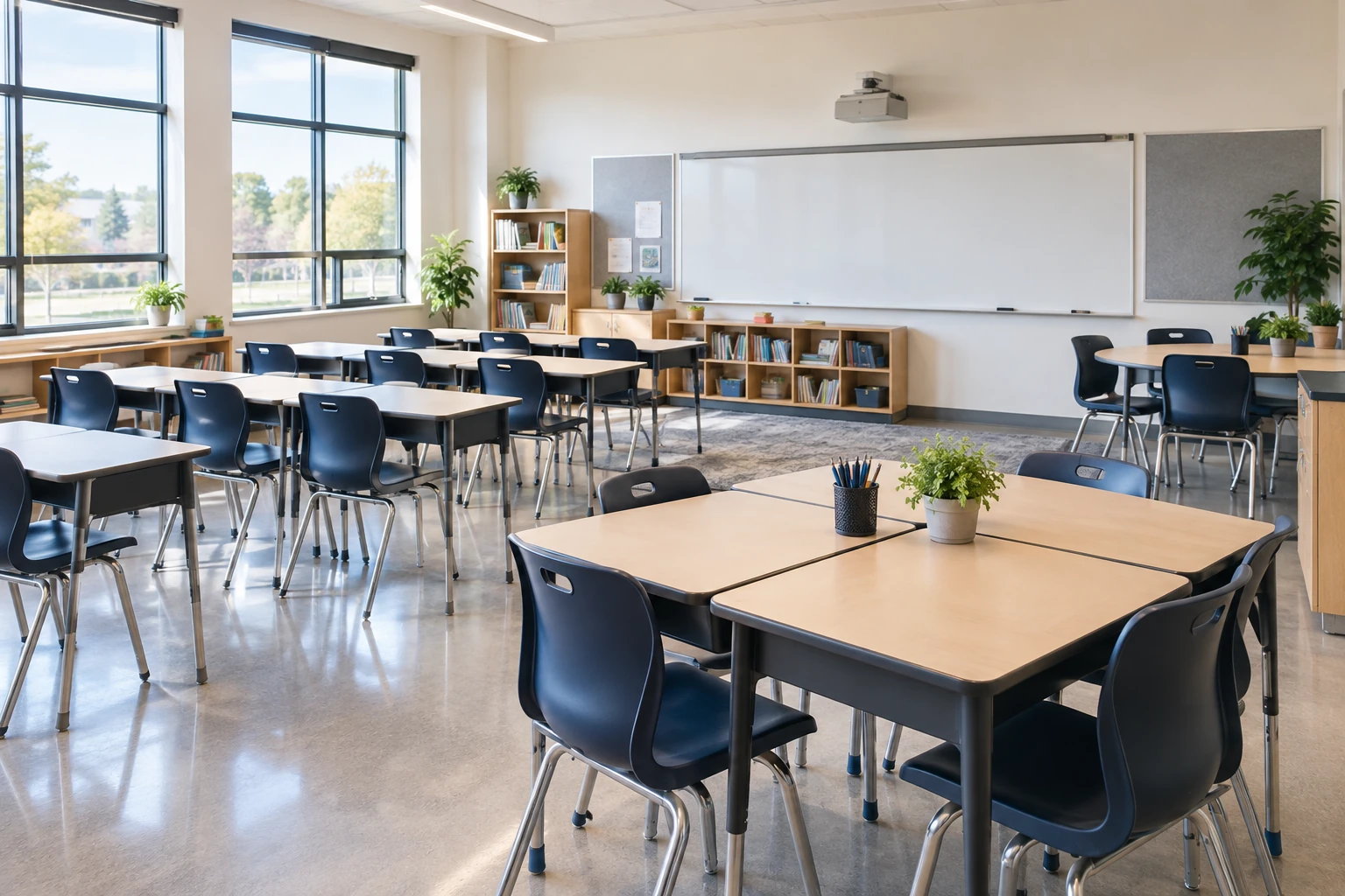 Concept classroom with individual and shared tables, varied chairs, storage and open circulation