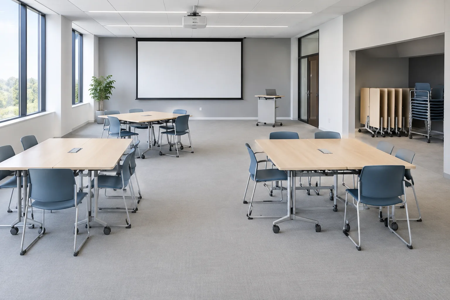 Concept flexible room with movable tables arranged for several small working groups