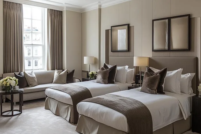 GEORGE Group hospitality guest room with twin beds, bedside furniture, window seating and storage