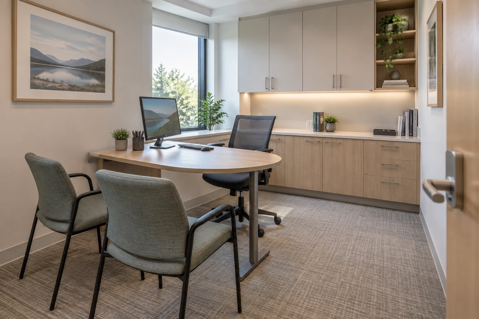 Concept consultation room with clinician desk, guest seating, storage and equipment zone