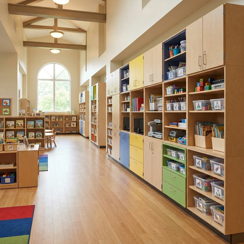 Educational library wall with open book display, closed cabinets, drawers and low shelving