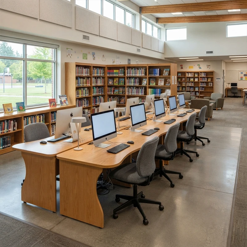 Institutional library with multi-user computer tables, task chairs and surrounding book shelving