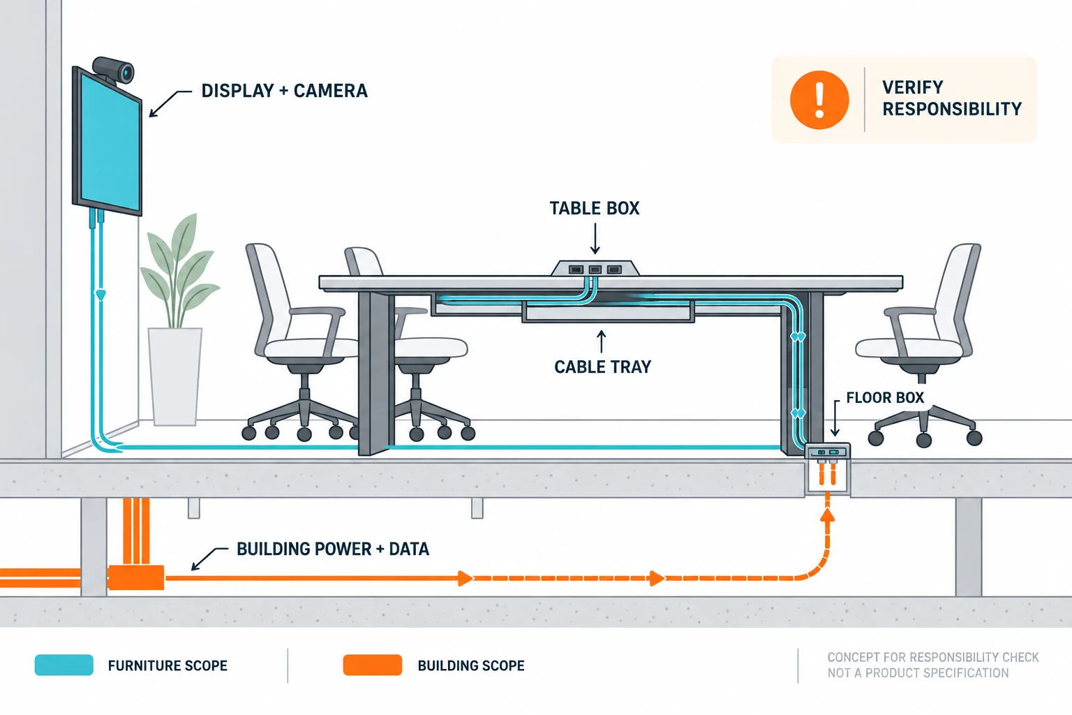 Concept section separating furniture components, cable routing and building power and data responsibilities