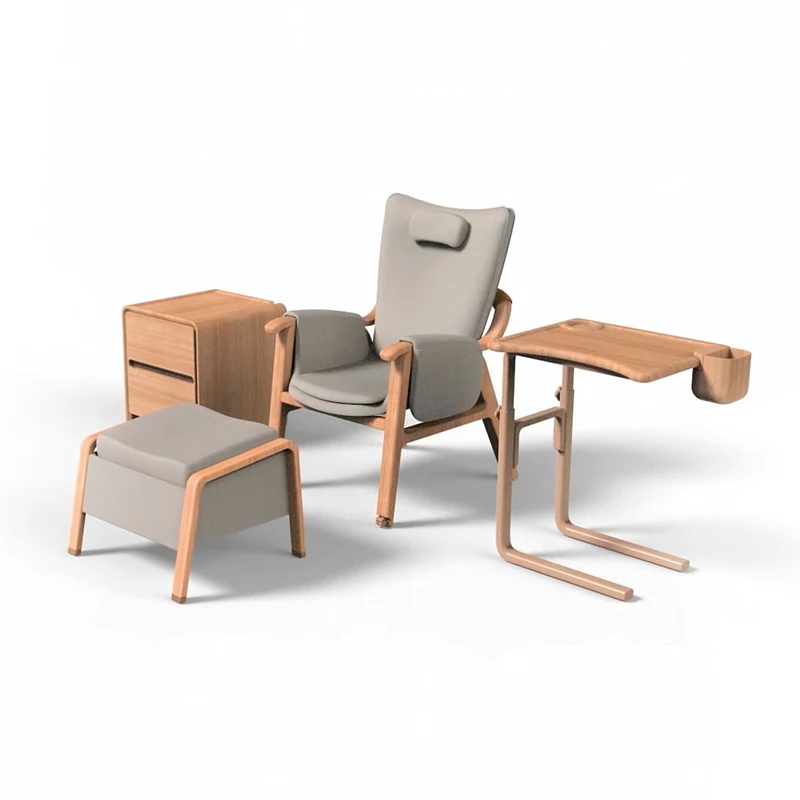 Non-medical patient-room furniture set with upright chair, ottoman, bedside cabinet and C-base loose table