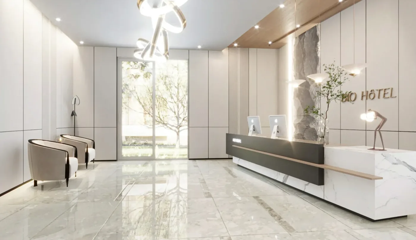 GEORGE Group project image with a long reception counter, rear wall joinery and an open visitor approach