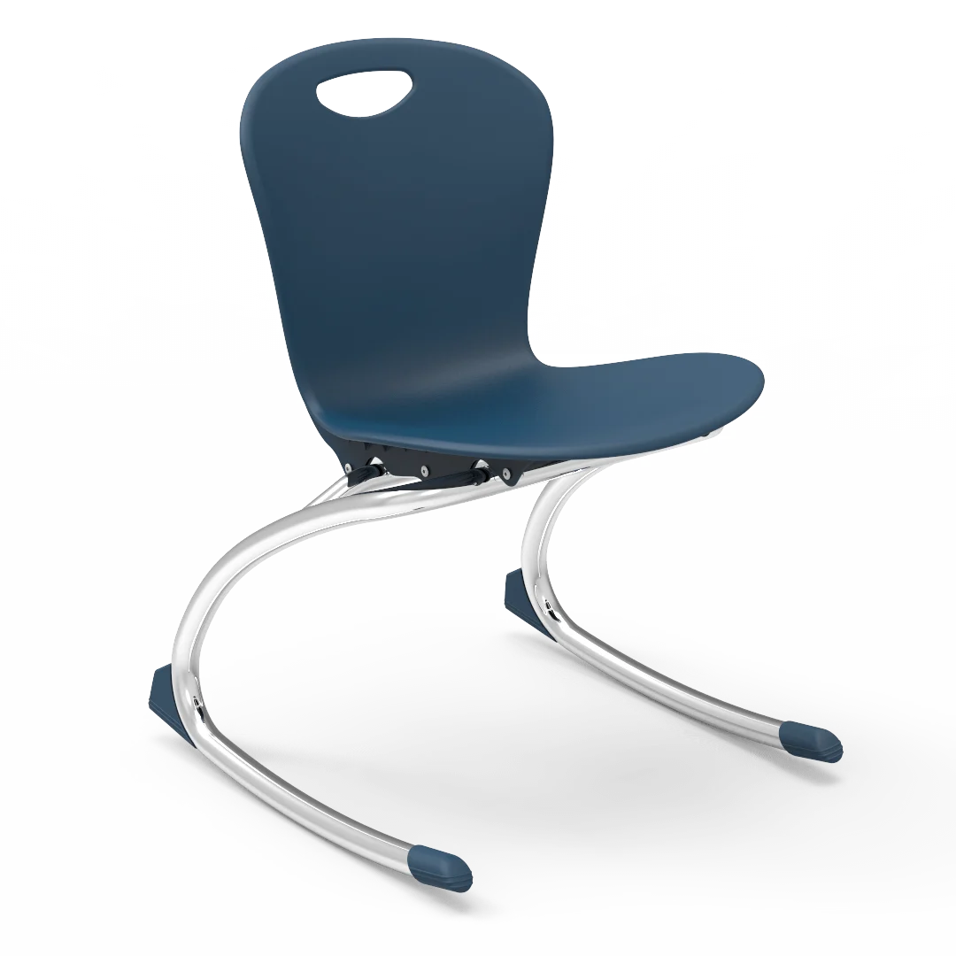 OEM rocking student chair available through GEORGE with a blue molded shell and curved tubular metal frame