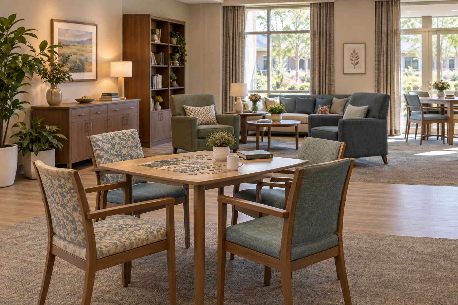 Concept senior living shared lounge with upright seating, side tables, activity table and clear circulation