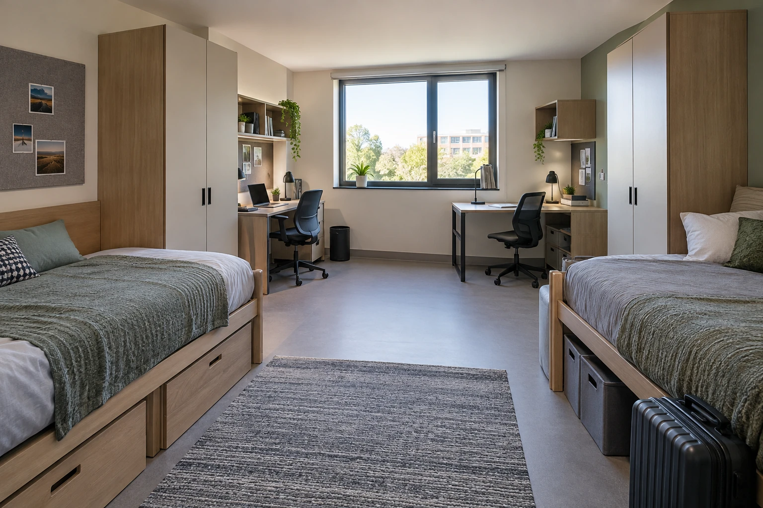 Concept student residence room with bed, study desk, chair, wardrobe and open circulation