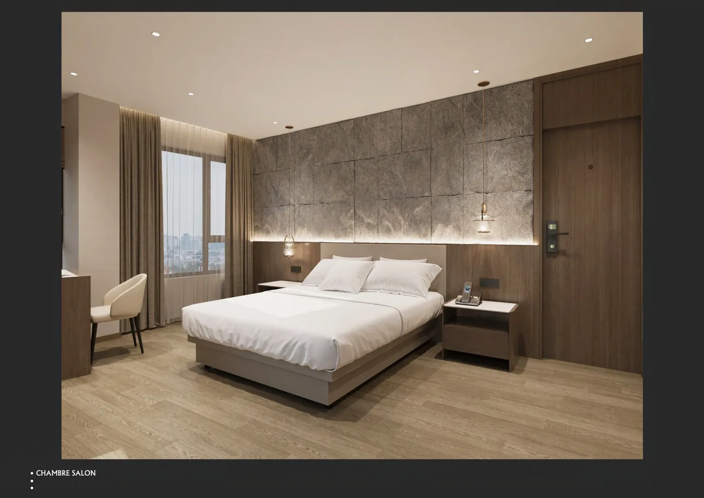 GEORGE Group hospitality bedroom with bed, bedside furniture, desk and wardrobe