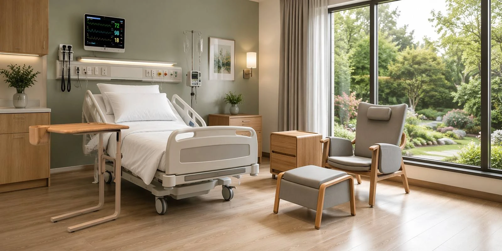 Patient-room scene with clinical bed context, companion chair, ottoman, bedside storage and loose table
