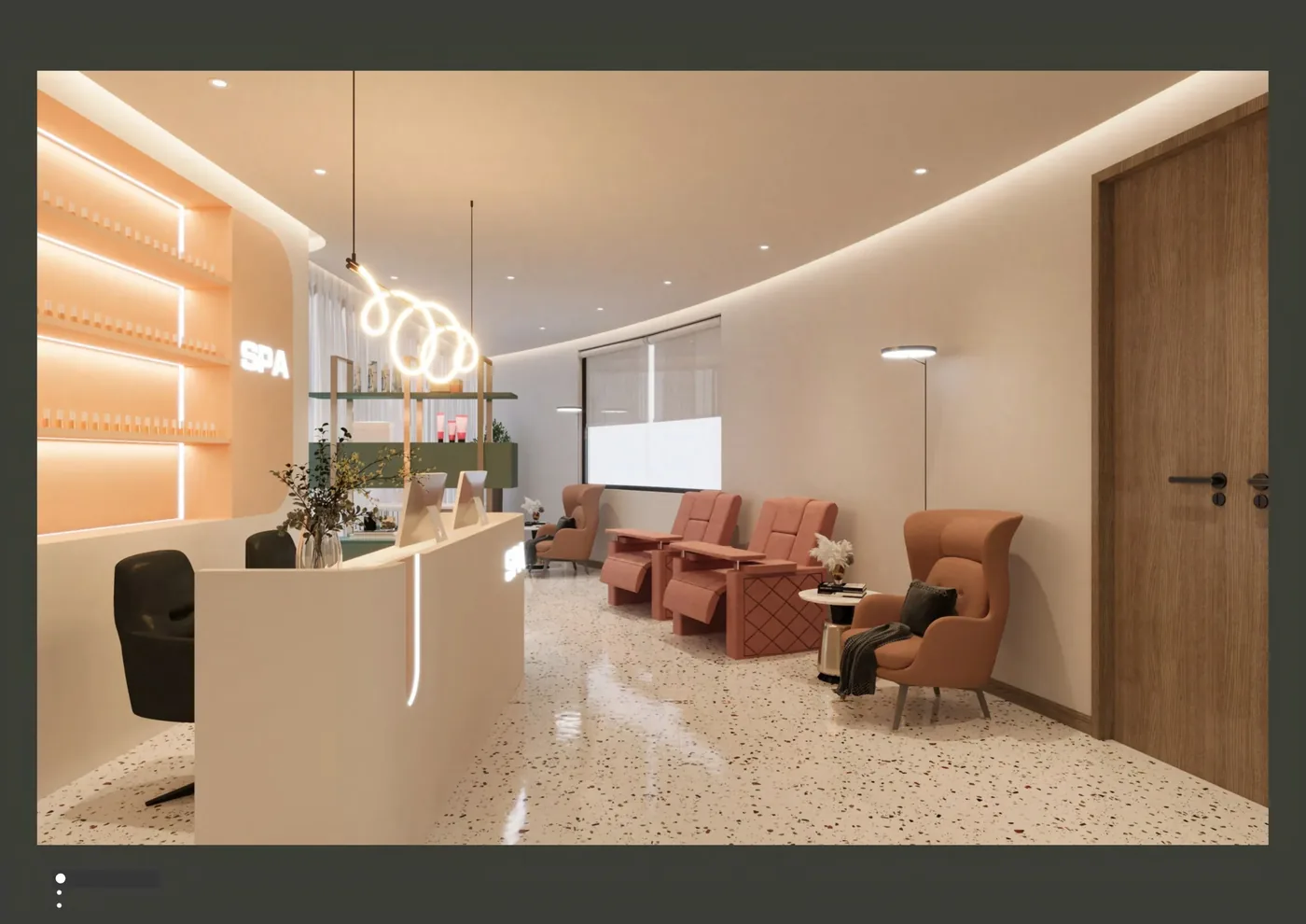 GEORGE Group project image with a curved white reception counter, staff work area and visitor lounge seating