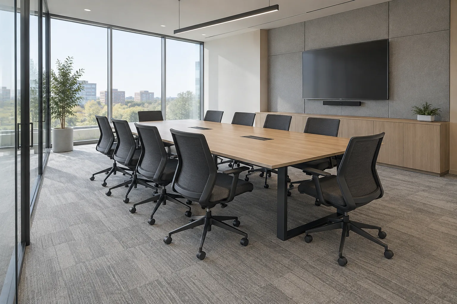 Concept meeting room with a conference table, office chairs and presentation wall