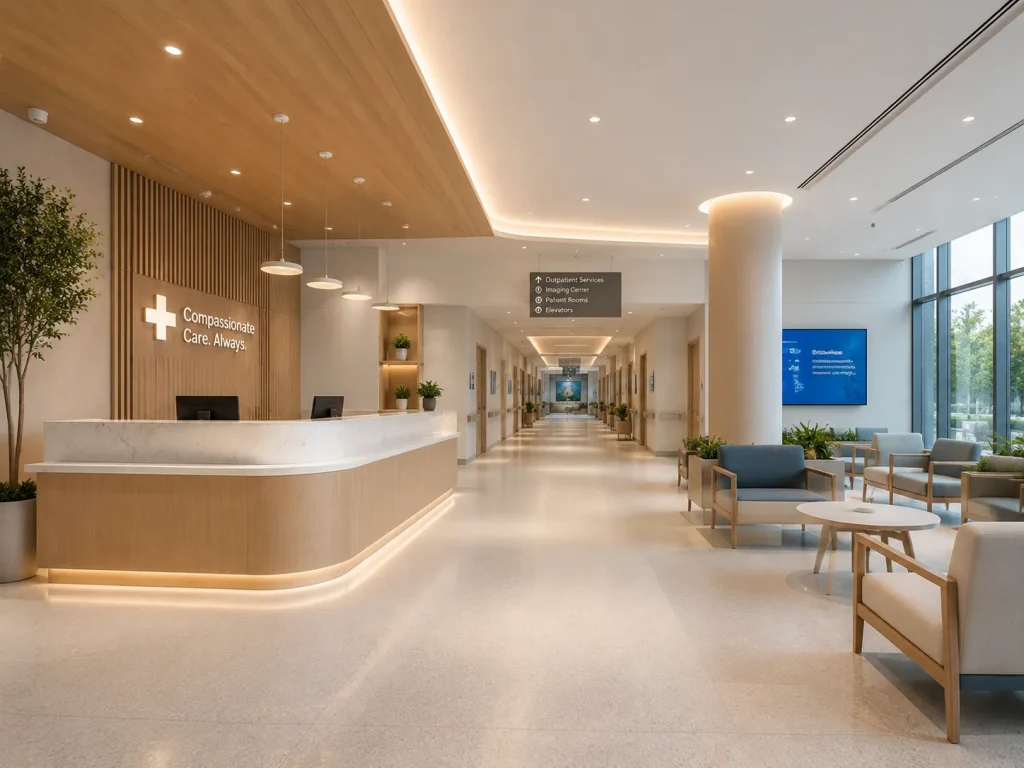 GEORGE Group healthcare reception with curved counter, waiting chairs and corridor beyond