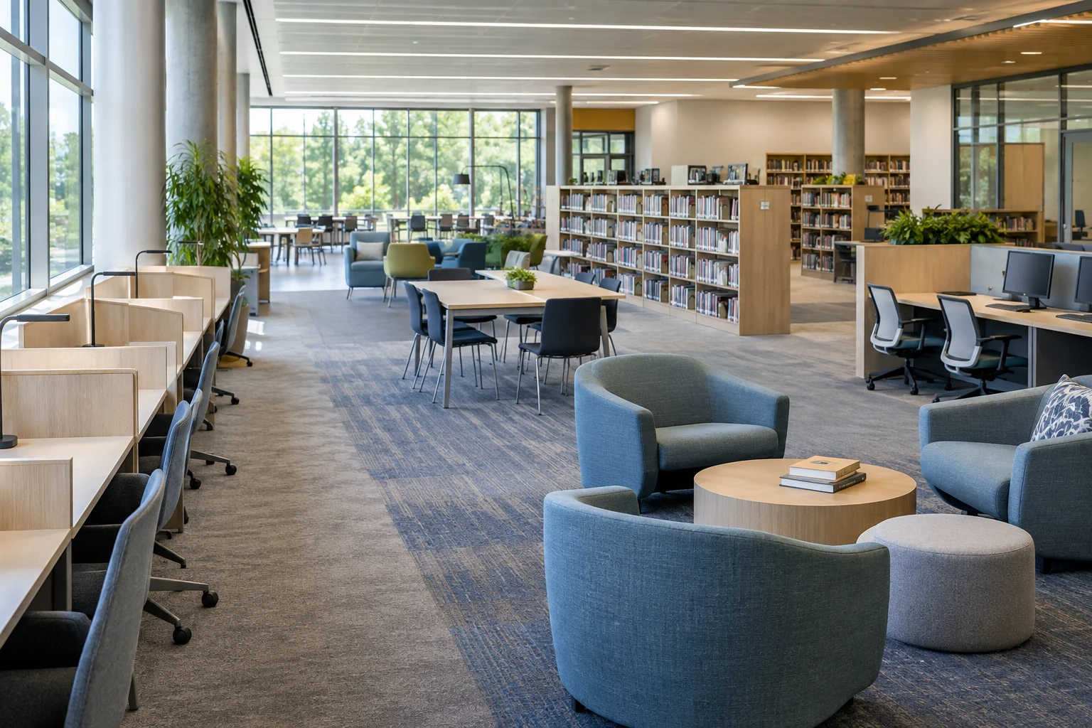Concept learning commons with quiet desks, group tables, lounge seats, shelving and circulation