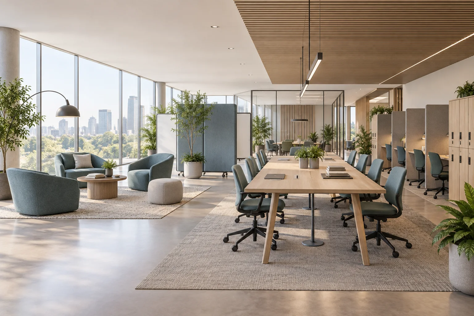 Concept collaborative office with shared tables, lounge seating and open work zones