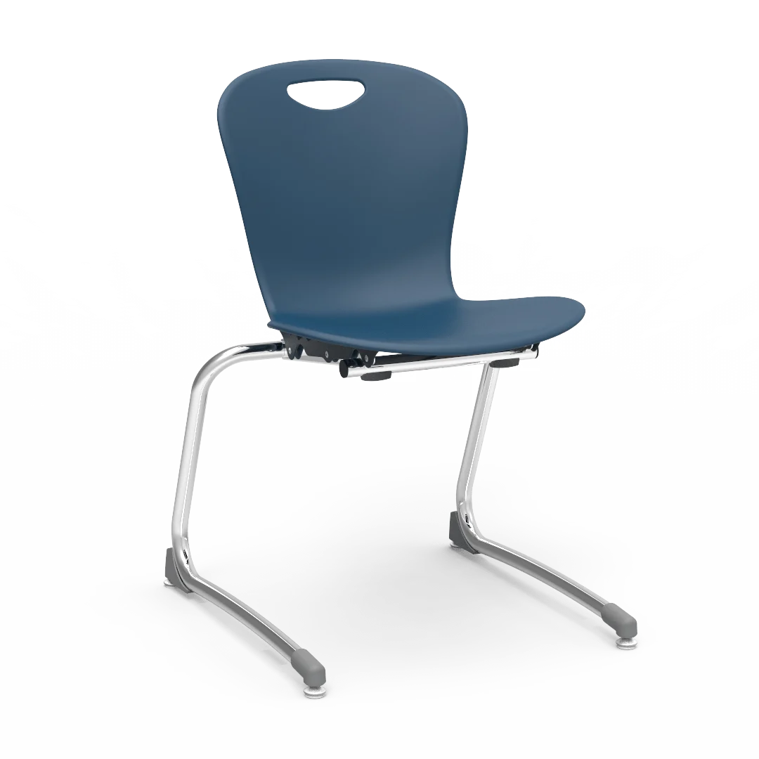 OEM cantilever student chair available through GEORGE with a blue molded shell and tubular metal base
