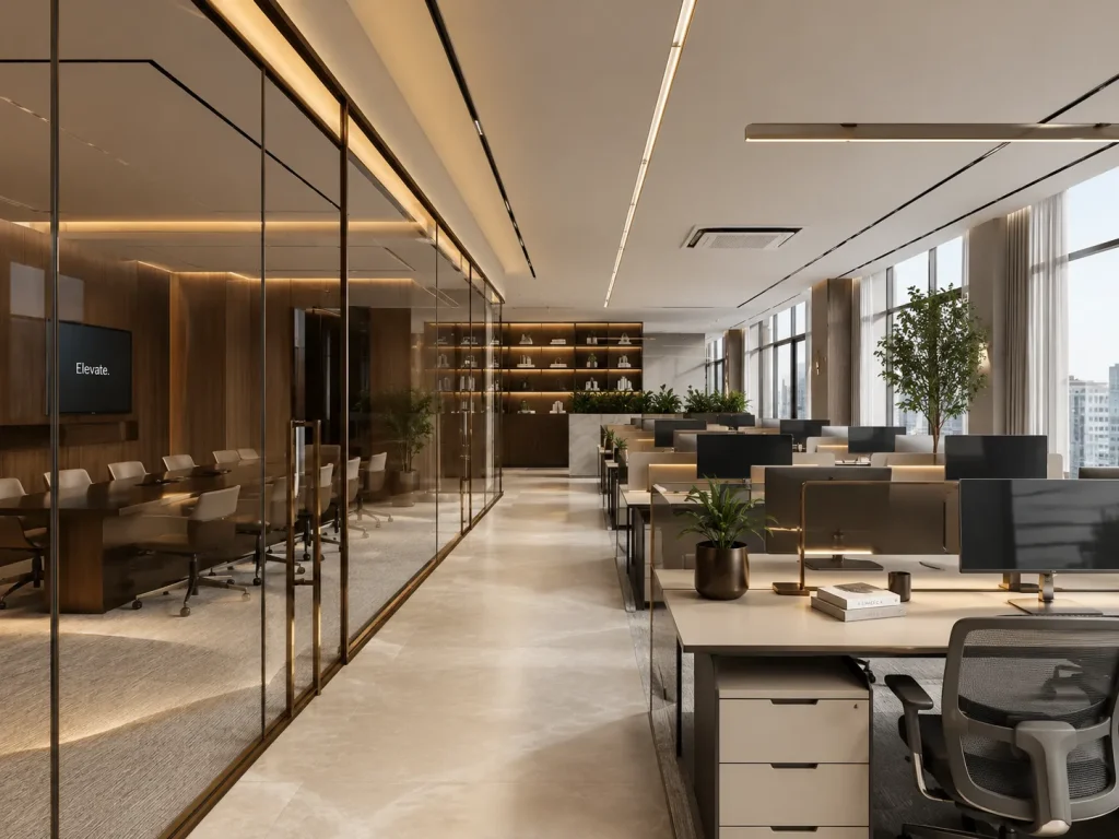 GEORGE Group office project image showing workstations with low pedestals and shared cabinetry