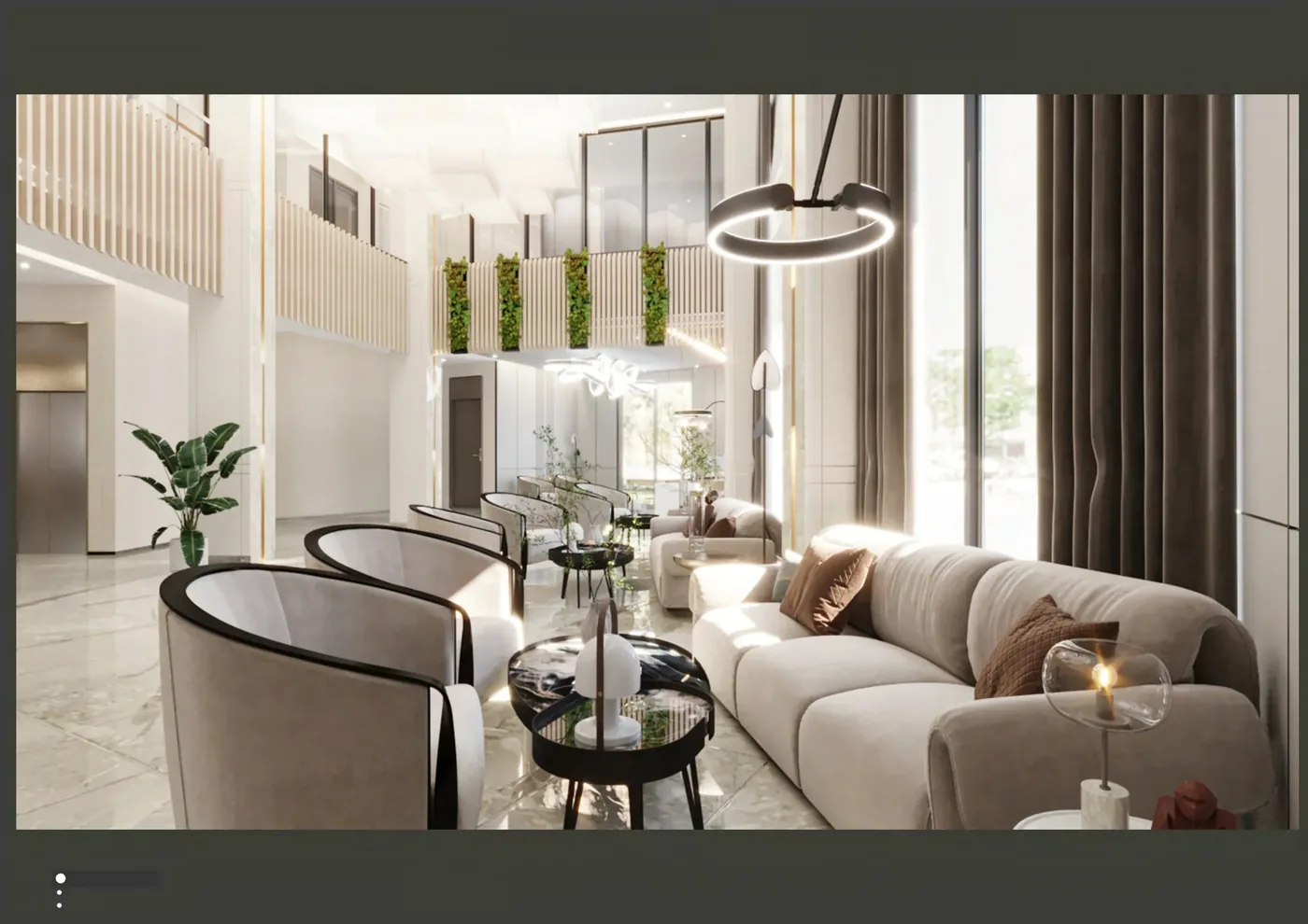 GEORGE Group project image with compact lounge chairs, small tables and a sofa beside a bright interior window