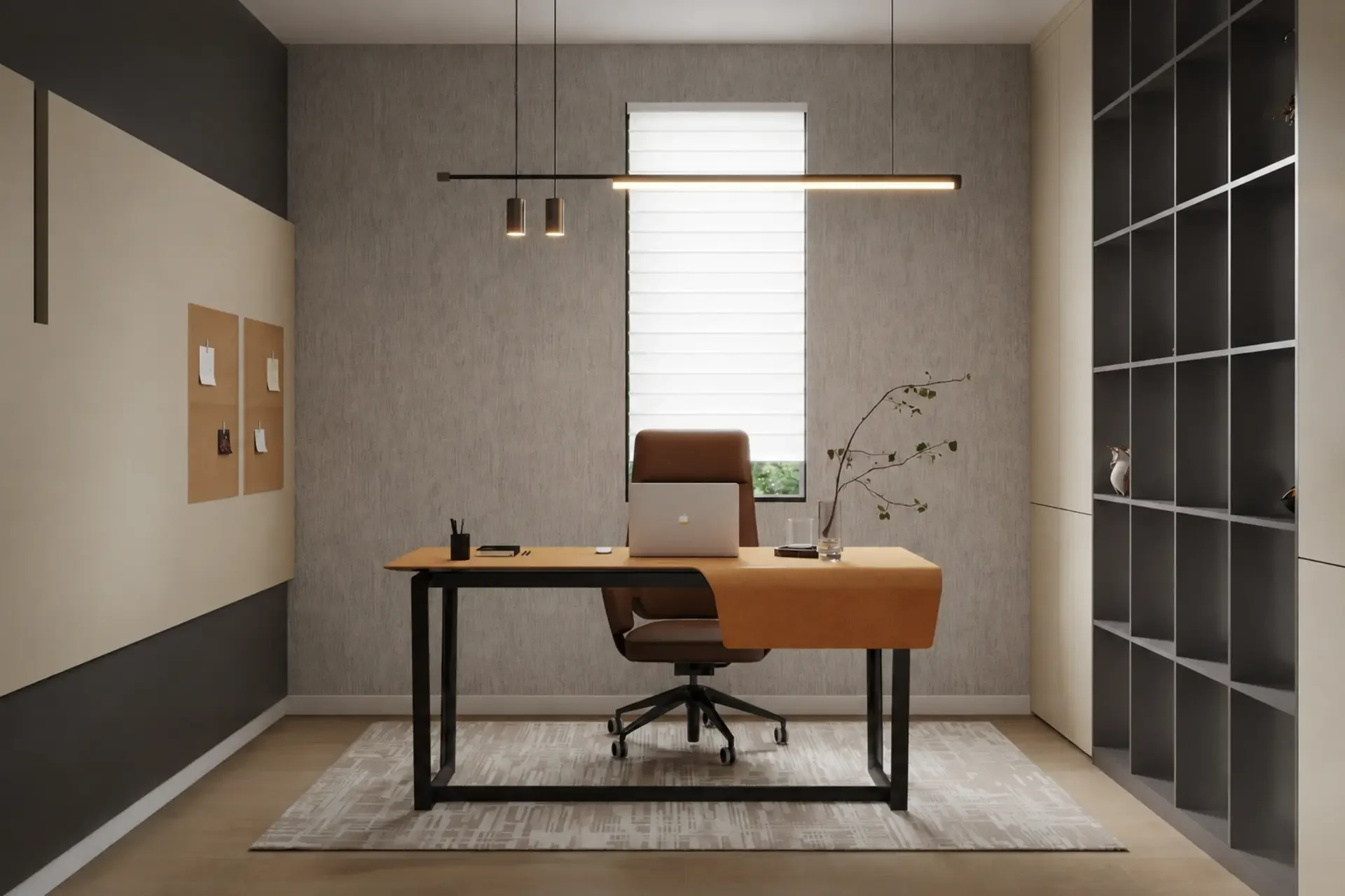 GEORGE Group project image with a desk framed by full-height open shelving and closed storage