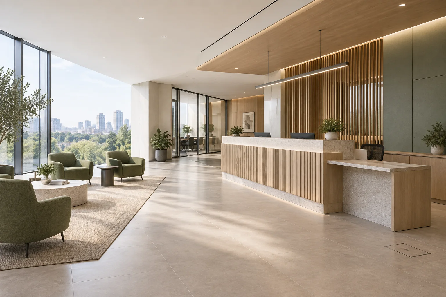 Concept office reception area with a counter, visitor seating and open circulation