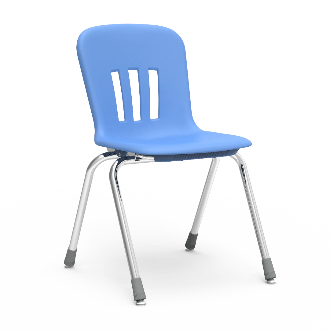 OEM four-leg student chair available through GEORGE with a blue molded shell, tubular metal frame and floor glides