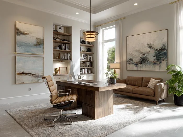 GEORGE Group residential home library with shelving, desk and lounge seating