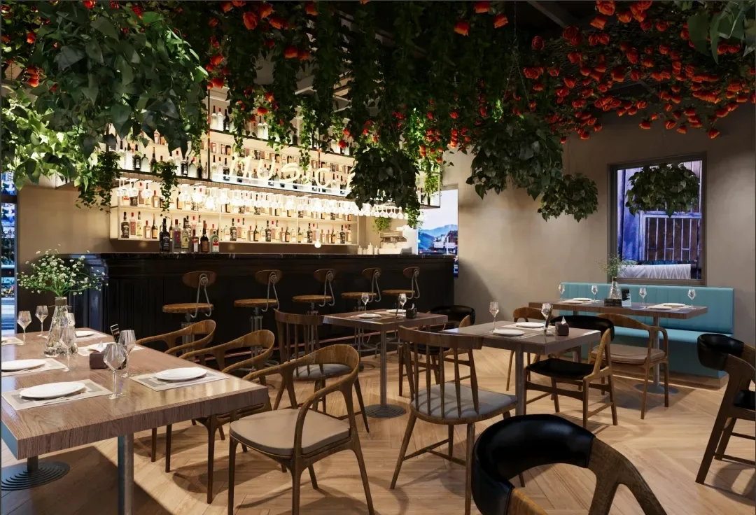 GEORGE Group restaurant with turquoise perimeter booth, small tables and loose chairs
