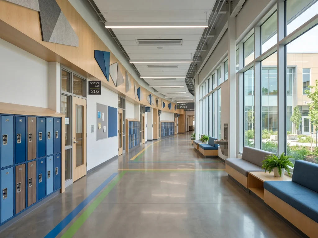 GEORGE Group school corridor with lockers, built-in bench seating and a wide circulation route