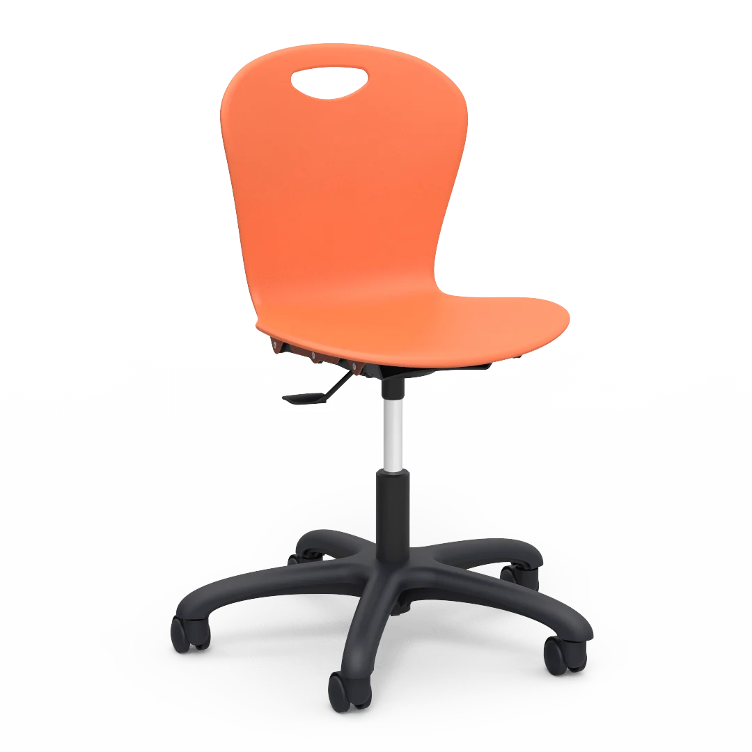 OEM mobile student chair available through GEORGE with an orange molded shell, height-adjustable central column and five-caster base