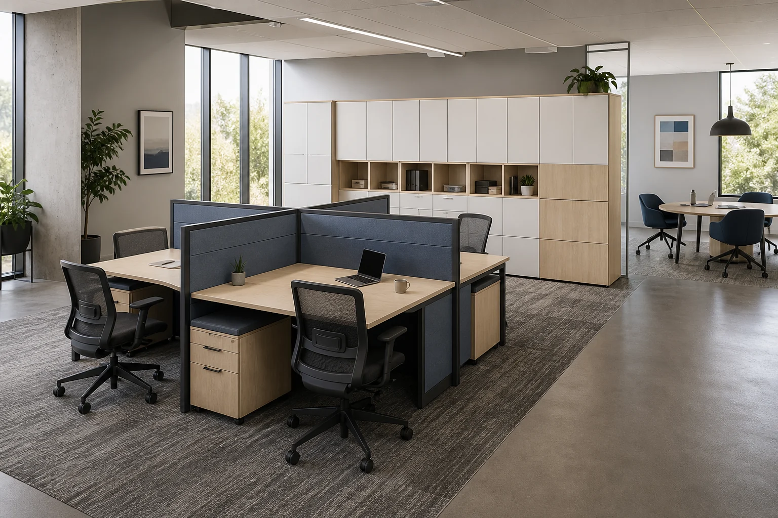 GEORGE Group office scene with four workstations, privacy panels and shared storage