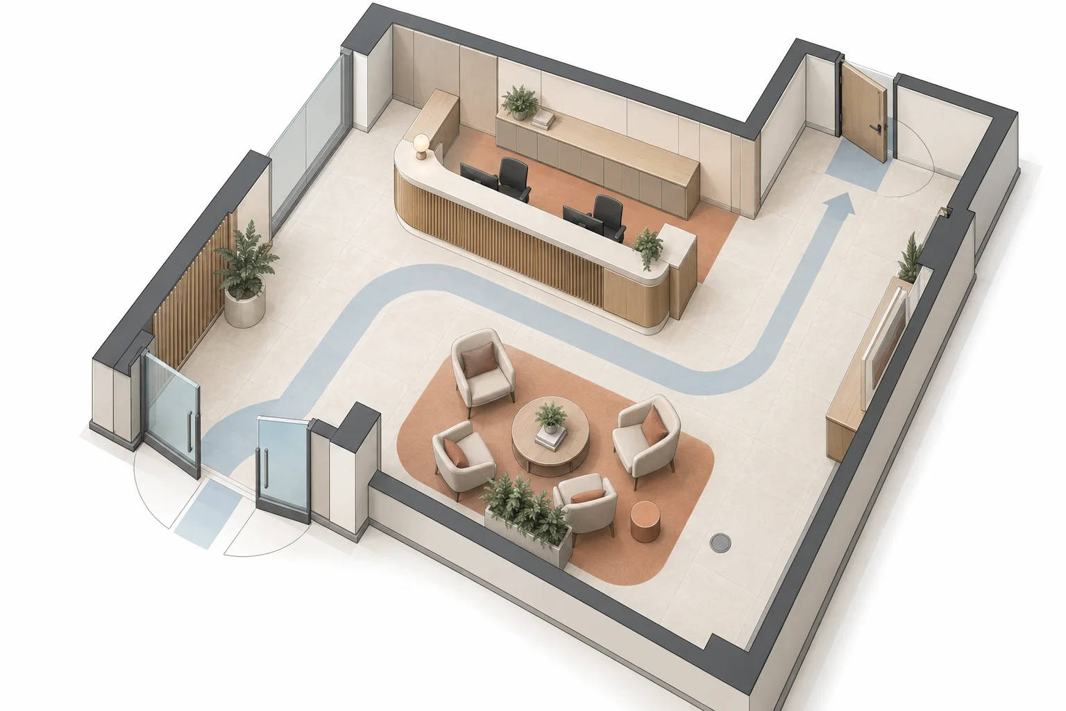 Isometric concept reception plan showing a path from entrance to counter, waiting seats and internal access