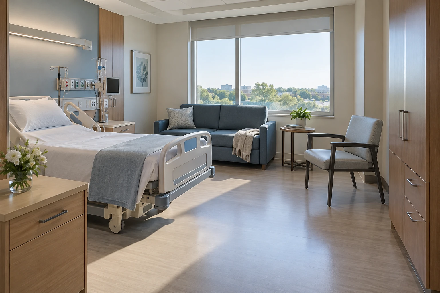 Concept patient room with clinical bed context, companion seating, wardrobe and bedside storage