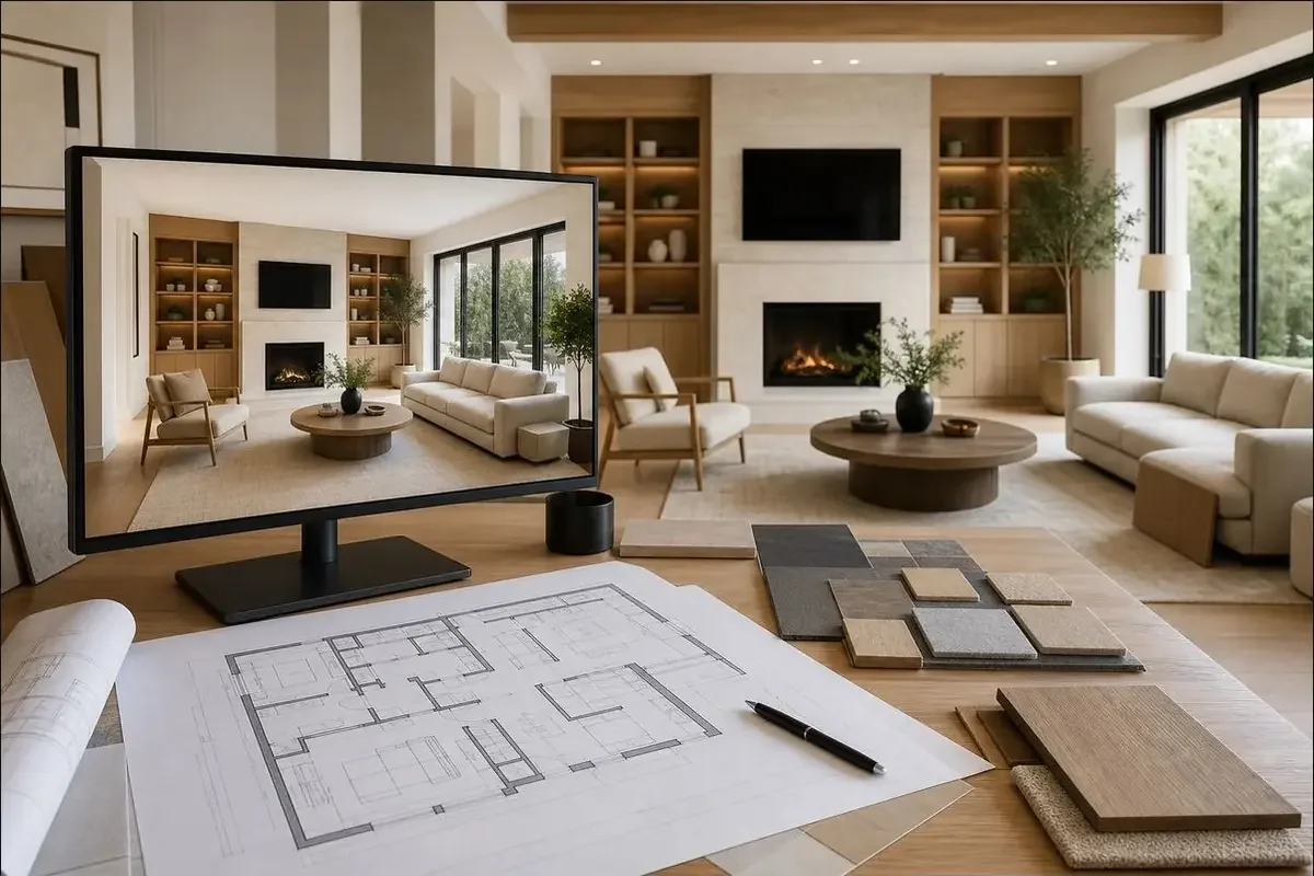 GEORGE Group project image with a central worktable, material samples, lounge seating and full-height shelving
