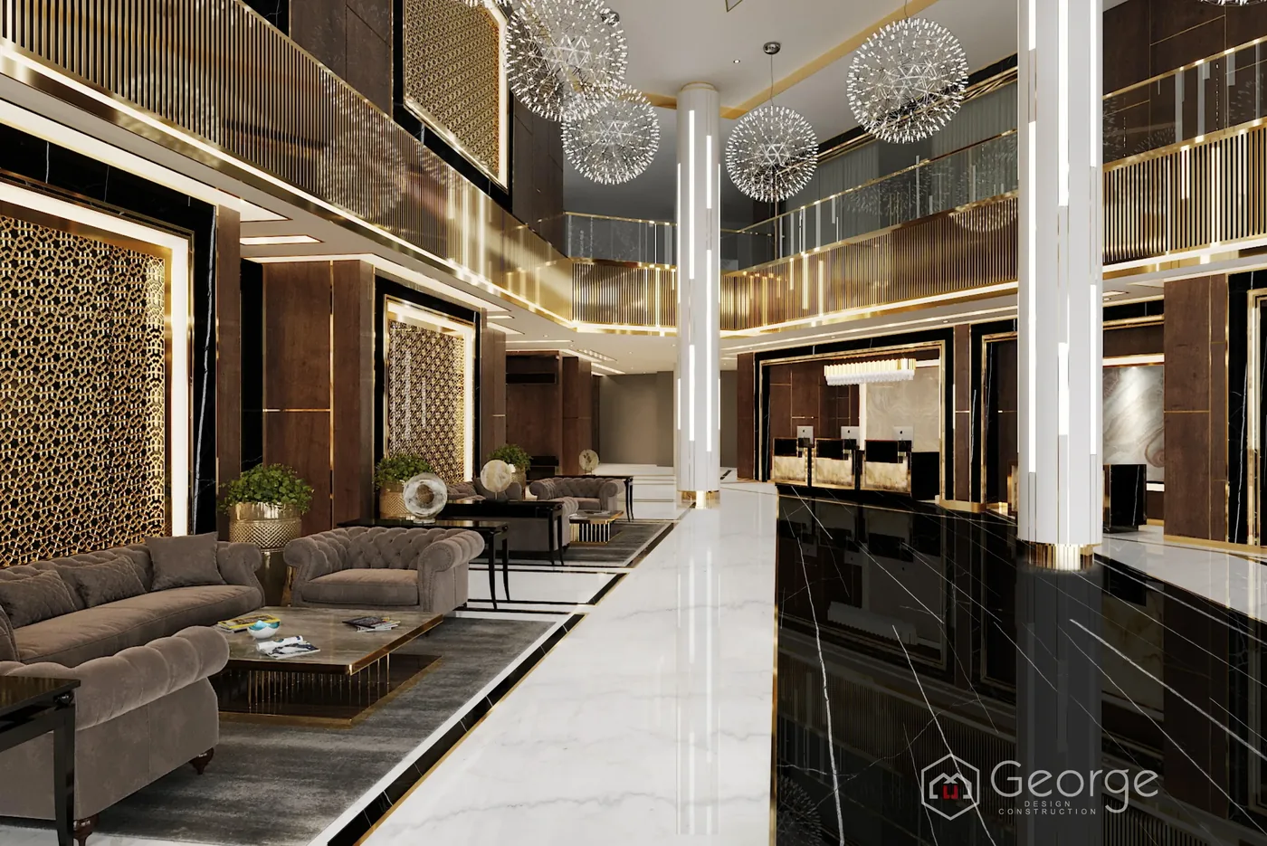 GEORGE Group hospitality reference with multiple sofas, lounge chairs and tables in a large lobby setting