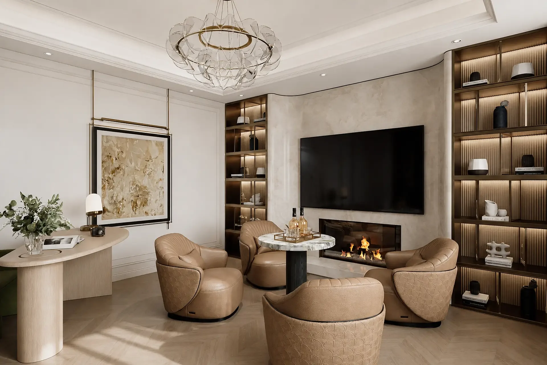 GEORGE Group residential lounge seating arranged beside built-in shelving